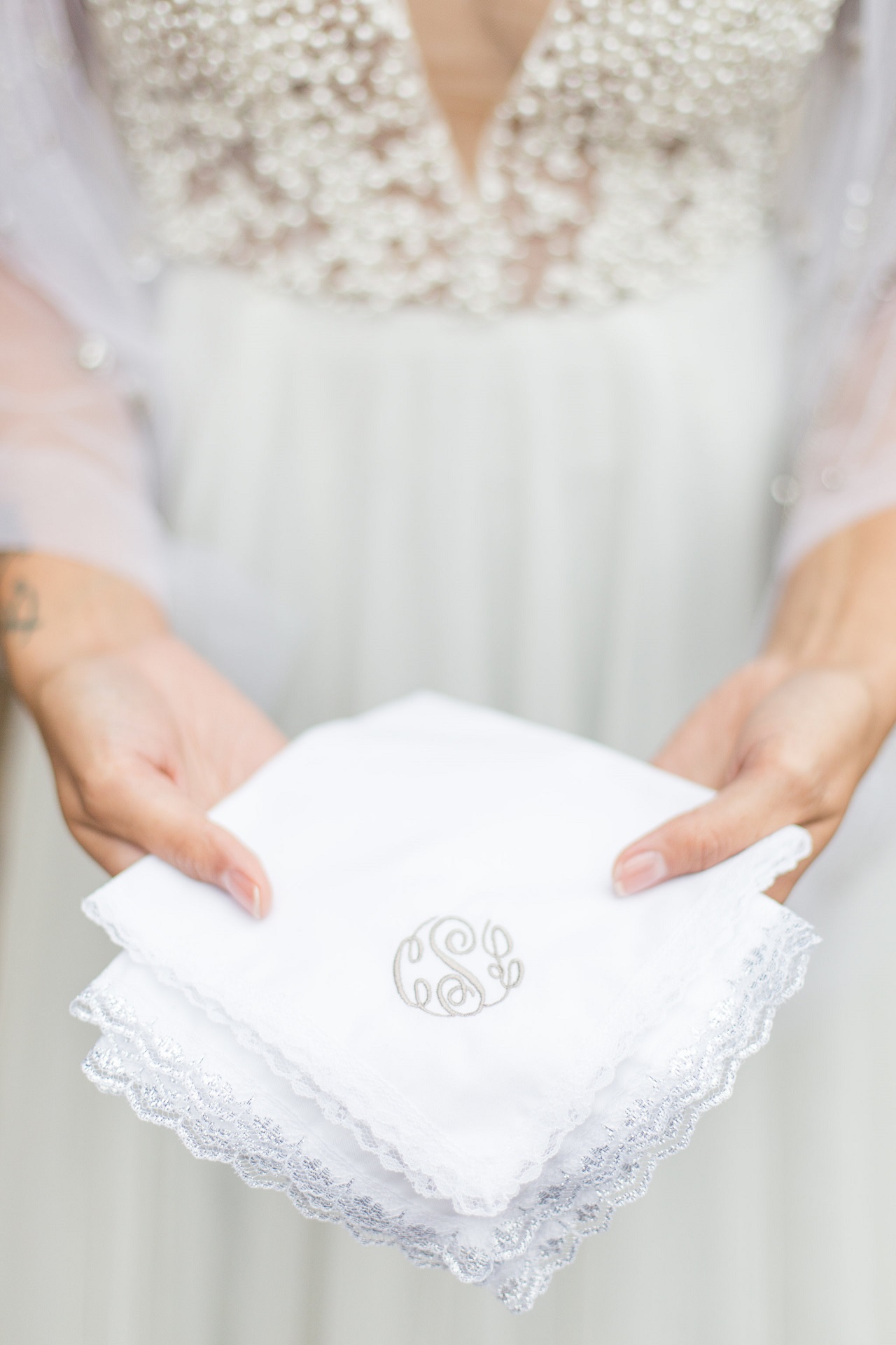 Silver lace monogrammed handkerchief